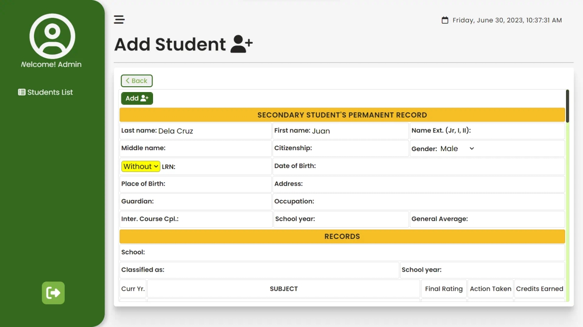 STS Add Student Page